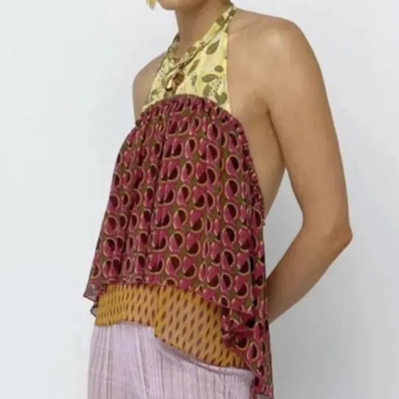 Zara Leaves and Geometric Shapes Halter Top Pink Yellow Green Orange Size Large - Picture 6 of 14